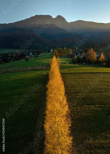 Zakopane: Widok na Giewont jesienią od strony polany Pod Lipkami - widok z drona jesienią photo