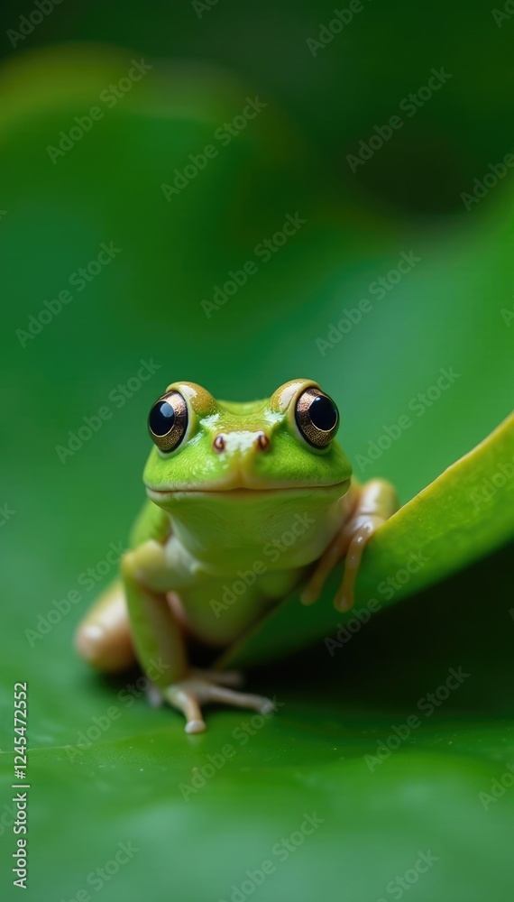 tiny frog peeking from behind a water lily leaf, plant, vegetation, calm tiny frog peeking from behind a water lily leaf, plant, vegetation, calm
