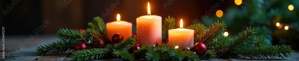 Three candles burning softly on fir branches with Christmas decorations, winter wonderland, rustic ambiance Three candles burning softly on fir branches with Christmas decorations, winter wonderland, rustic ambiance