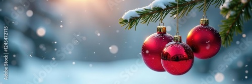 Three red ornaments hanging from a branch in the snow, decoration, landscape