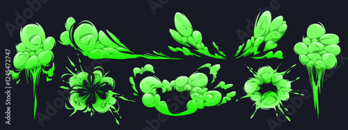 Green toxic smoke effect set with swirling comic clouds. Cartoon dynamic spiral shapes, misty trails and expanding puffs in neon color for game visual elements and explosion animation sequences.