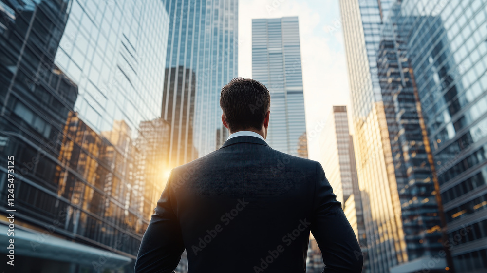 Businessman standing in front of skyscrapers, looking at the sky with hands on his hips and wearing a suit Businessman standing in front of skyscrapers, looking at the sky with hands on his hips and wearing a suit
