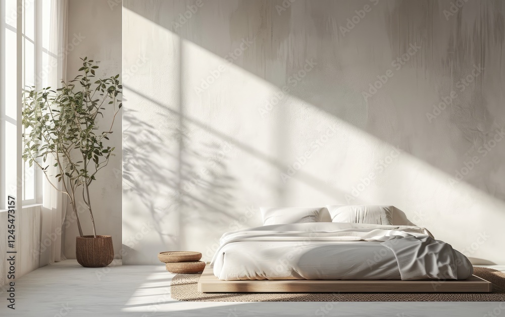 Serene minimalist bedroom with a low platform bed with white linens, a potted plant, and natural sunlight streaming through a window.