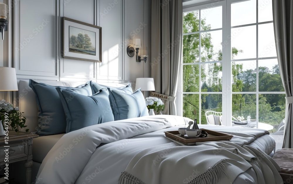 Comfortable bed with blue pillows, a wooden tray with cups, and a large window overlooking a lush garden. Stylish bedroom