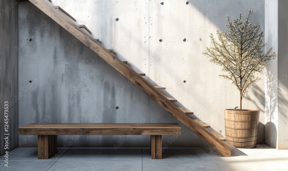 Loft interior design of modern entrance hall with wooden bench and staircase in modern concrete interior wall background