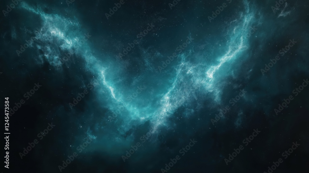 Fototapeta premium Ethereal teal nebula with glowing cosmic dust in deep space background