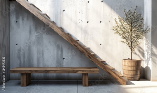 Obraz na płótnie Loft interior design of modern entrance hall with wooden bench and staircase in modern concrete interior wall background w salonie