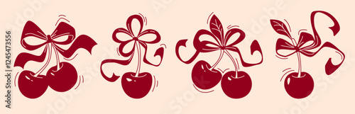 Cherry fruit set with decorative ribbon bows in dark red silhouette style. Sweet berries tied with flowing ribbons on pastel background. Minimalist design elements for t shirt or packaging decoration.