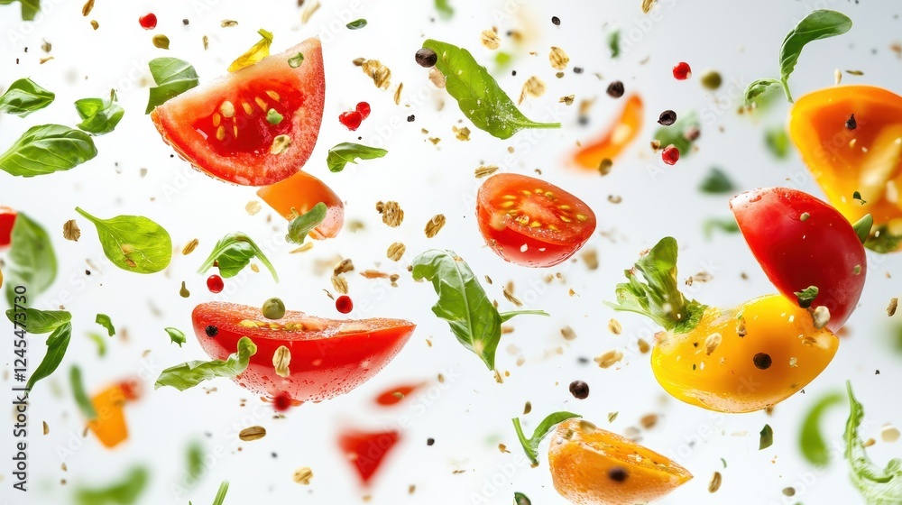 Different fresh fruits and vegetables in air on white background Different fresh fruits and vegetables in air on white background