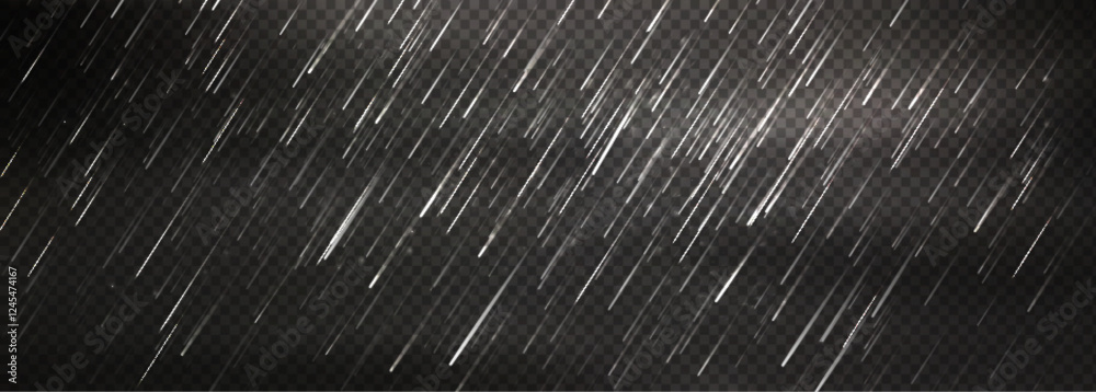 Rainy effect overlay with diagonal white streaks on dark transparent background. Dynamic pattern of falling drops for wet weather simulation. Stormy raindrops texture for autumn season design.