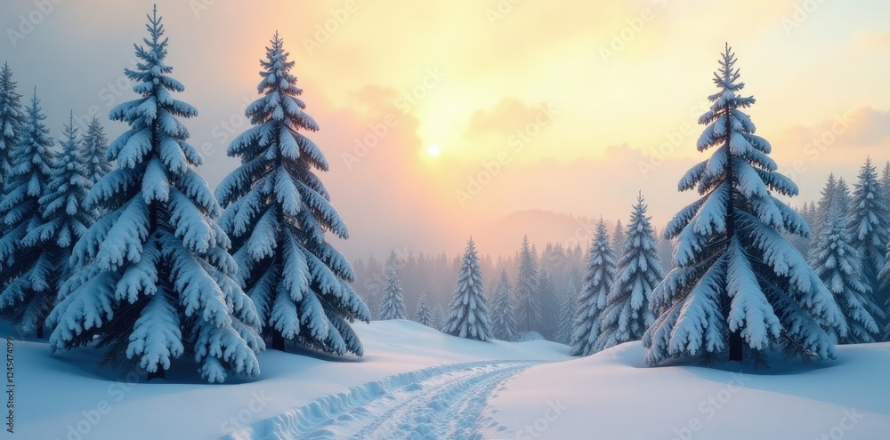 Snow-covered fir trees in the morning light with mist rising, snow, foggy Snow-covered fir trees in the morning light with mist rising, snow, foggy