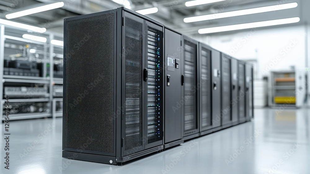 Modern data center featuring rows of sleek server racks in a well-lit, organized environment Modern data center featuring rows of sleek server racks in a well-lit, organized environment