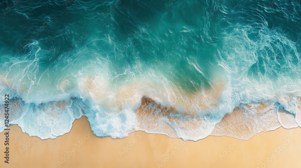 Obraz premium Aerial view of turquoise ocean waves meeting golden sandy beach