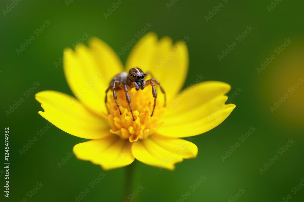 Small brown Leptophyes punctatissima spider on yellow blossom stem, insect study, yellow flowers, insect Small brown Leptophyes punctatissima spider on yellow blossom stem, insect study, yellow flowers, insect