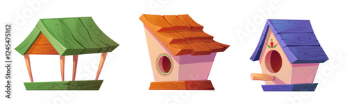 Cartoon birdhouse collection - wooden shelters with round shaped openings, color roofs, decorative feeding platforms. Nature care elements for garden decoration. Bird home and feeder.