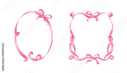 Coquette pink ribbon frames with elegant bows - delicate curled borders, graceful twisted patterns and decorative knots on white background. Realistic romantic design elements for feminine projects.