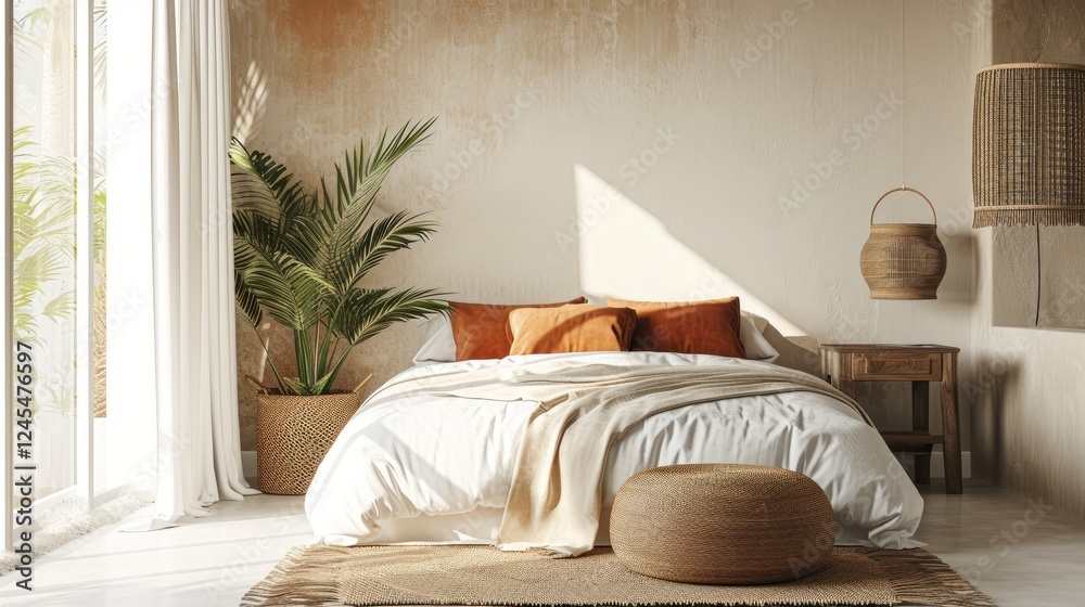 Sunlit boho bedroom features a cozy bed terracotta pillow near a wicker pouf and palm tree houseplant on a beige wall backdrop. Serene bohemian bedroom decor