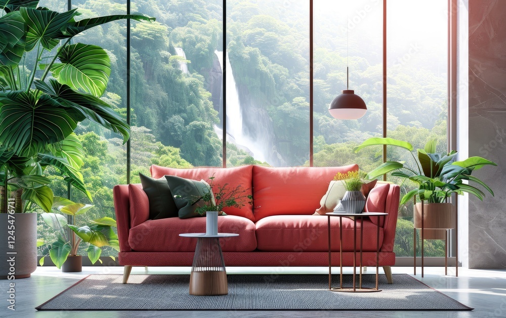 Scandinavian living room, Coral plush sofa near the potted plant against a large window with a waterfall and tropical plants view background.