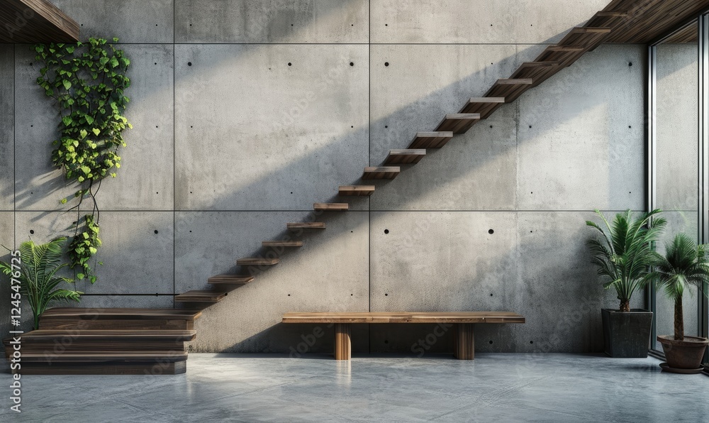 Modern Minimalist Industrial Home Interior Design with Wooden Staircase and Lounge Bench in Hallway, Hanging Vines Plant on Concrete Wall