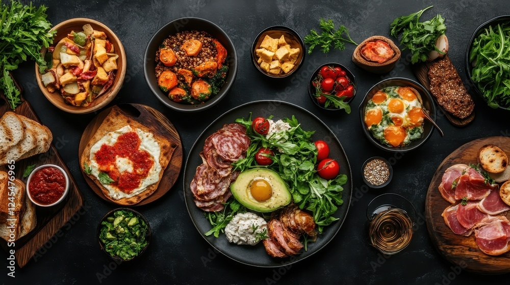 Many different healthy food on dark textured table, flat lay Many different healthy food on dark textured table, flat lay