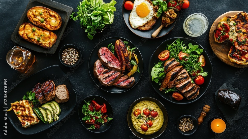 Many different healthy food on dark textured table, flat lay Many different healthy food on dark textured table, flat lay