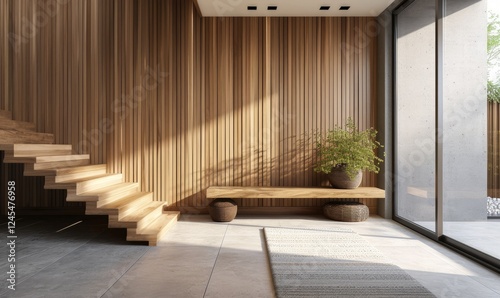Trendy minimalist home entryway with wooden walls and stairs, bench, potted plants near windows
