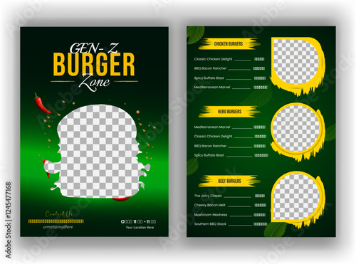 Fast food restaurant menu or Burger menu design, restaurant food menu template, restaurant cafe menu design with A4 size menu editable file. photo