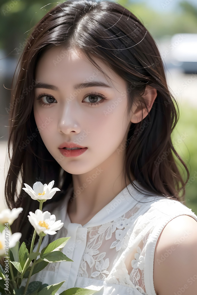 portrait of a beautiful young woman in lace dress holding a bouquet of flowers portrait of a beautiful young woman in lace dress holding a bouquet of flowers