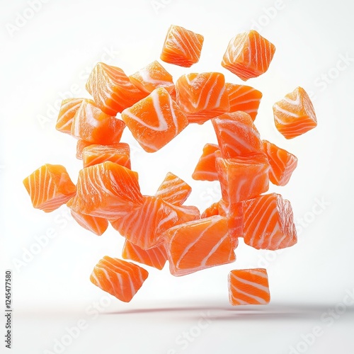 A dynamic arrangement of salmon cubes showcasing vibrant colors and textures.