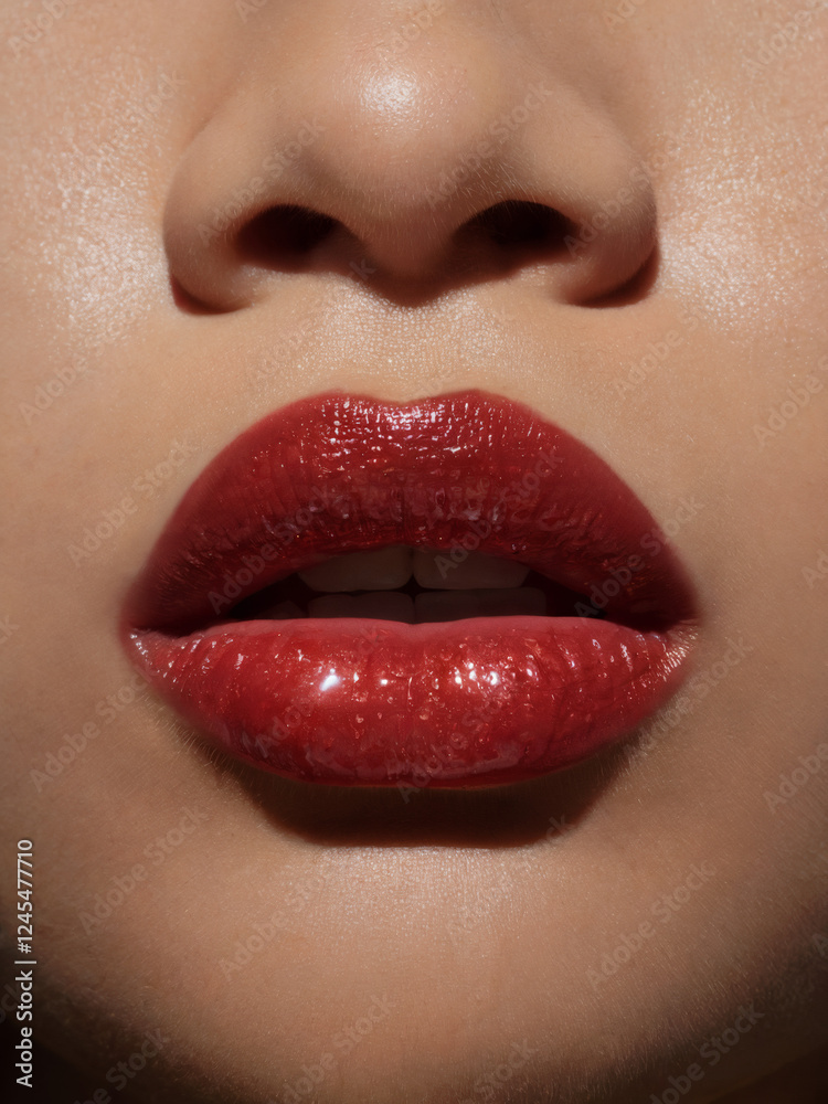 Fototapeta premium Close-up of lips with cherry red brown lipstick or lip gloss