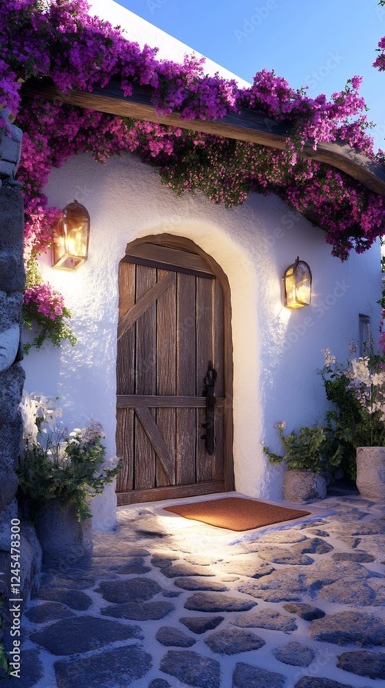 Fototapeta premium ブーゲンビリアに囲まれた白壁の家と木製ドア | White-Walled House with Wooden Door Surrounded by Bougainvillea