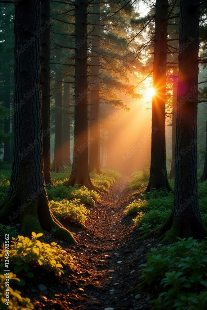 Naklejka premium Gentle sunrise glow casts shadows on tree trunks, forest, landscape