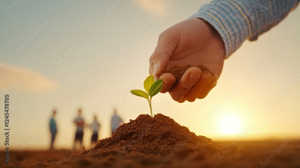 Fototapeta premium Golden Light Teamwork Volunteers Planting Saplings in a Scenic Field - Eco-Friendly Stock for Sustainability Marketing and Community Engagement