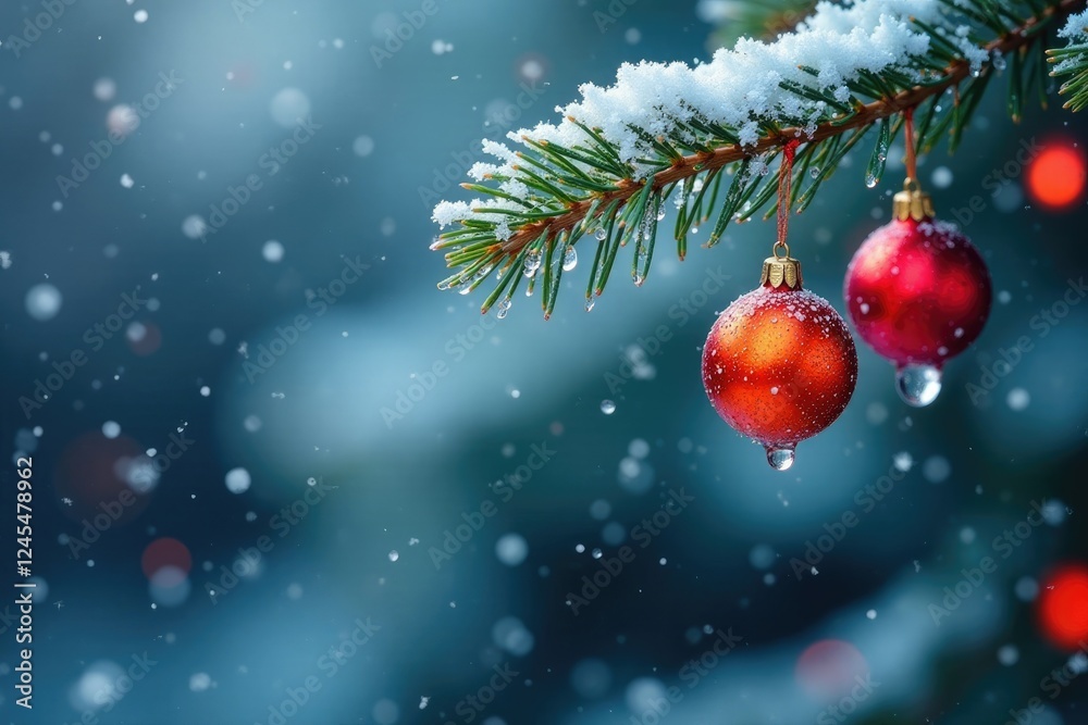 Frozen water droplets on a Christmas tree branch with colorful spheres, snowflake, winter scene Frozen water droplets on a Christmas tree branch with colorful spheres, snowflake, winter scene
