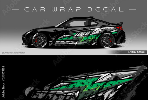 Car wrap abstract design. Black green colour. Vector graphic livery decal car. Sticker vinyl suitable for Racing car, Drift, Rally and Daily Use, Editable vector 