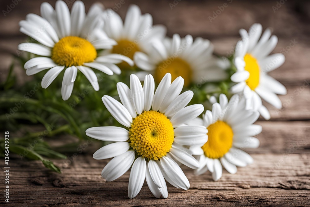 Fototapeta premium Fresh spring daisy flower on rustic wood. 