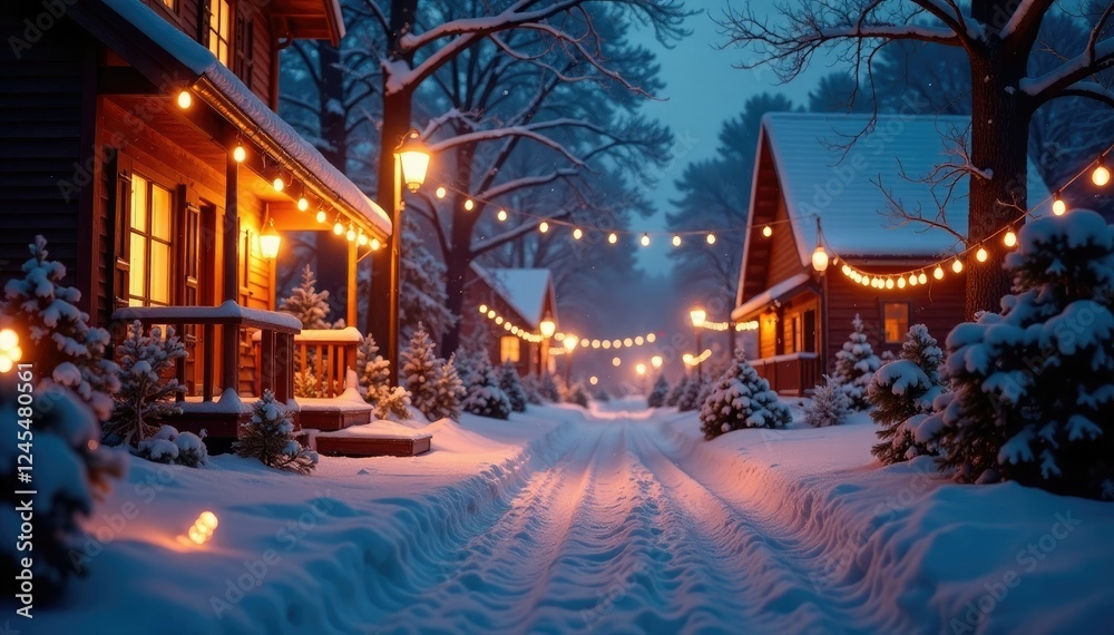 Dazzling lights illuminate the snow-covered scene, illuminated, decorations, sparkling Dazzling lights illuminate the snow-covered scene, illuminated, decorations, sparkling