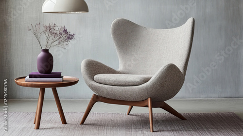 mid century modern gray chair with angled wooden legs, paired with round side table and vase of dried flowers, creates stylish and cozy living space