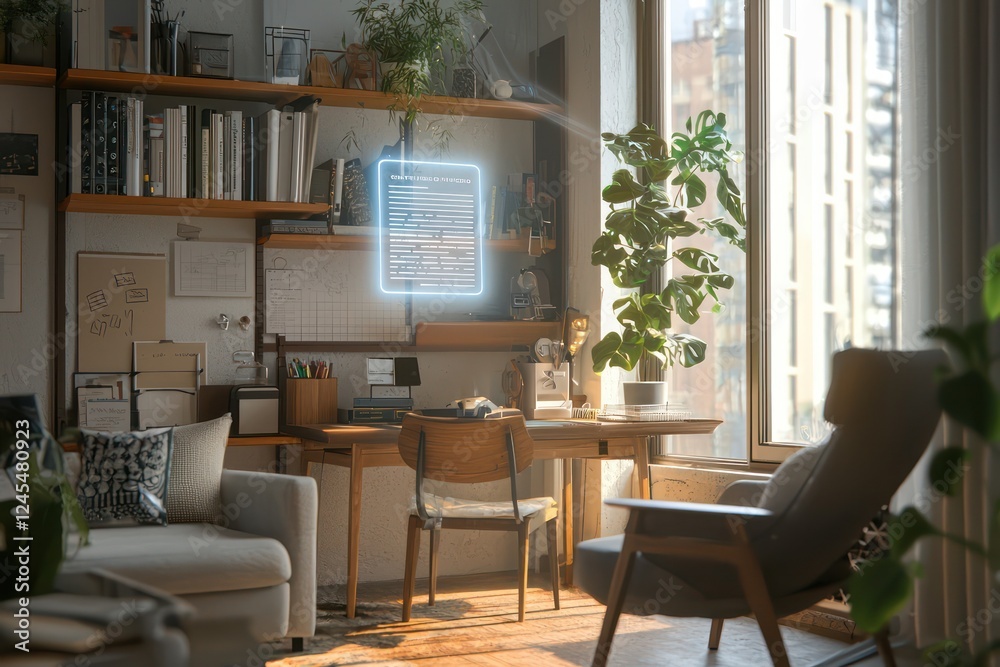 Fototapeta premium Holographic AI assistant in a study room projecting organized task lists.