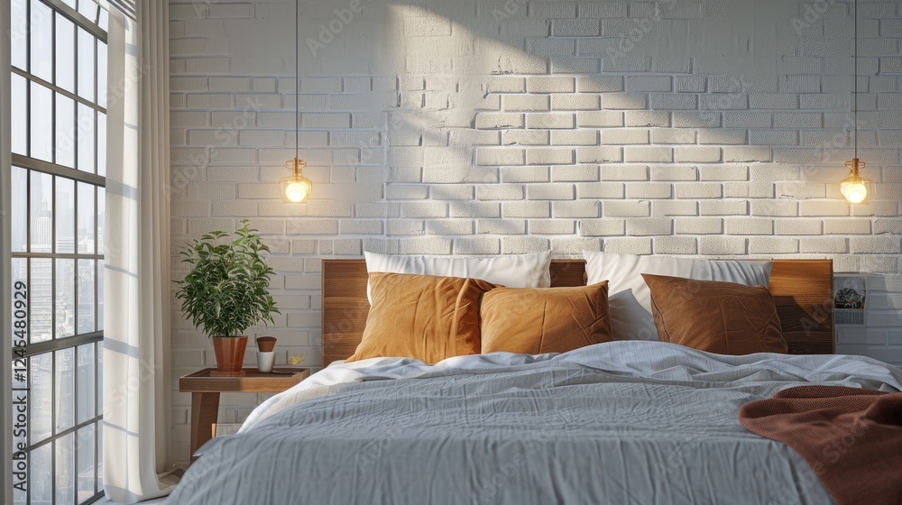 Stylish Scandinavian modern bedroom with grey bedding and brown cushions on a white brick wall near a large window with a city view