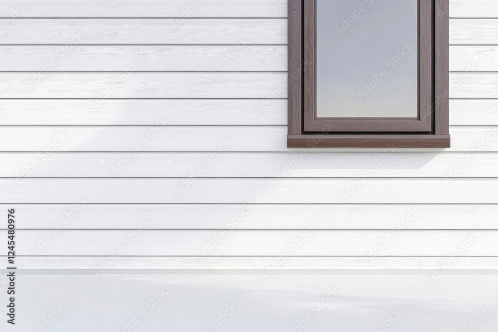 Modern white wooden wall with a stylish window in bright daylight Modern white wooden wall with a stylish window in bright daylight