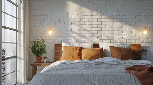 Obraz na płótnie Stylish Scandinavian modern bedroom with grey bedding and brown cushions on a white brick wall near a large window with a city view w salonie