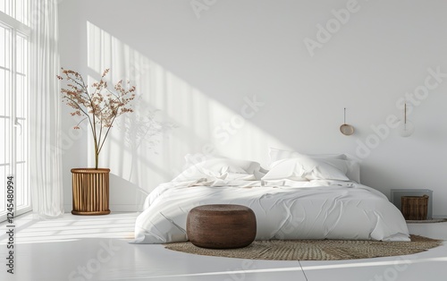 Obraz na płótnie Comfort bedroom features a white bed, wooden accents, and natural light w salonie