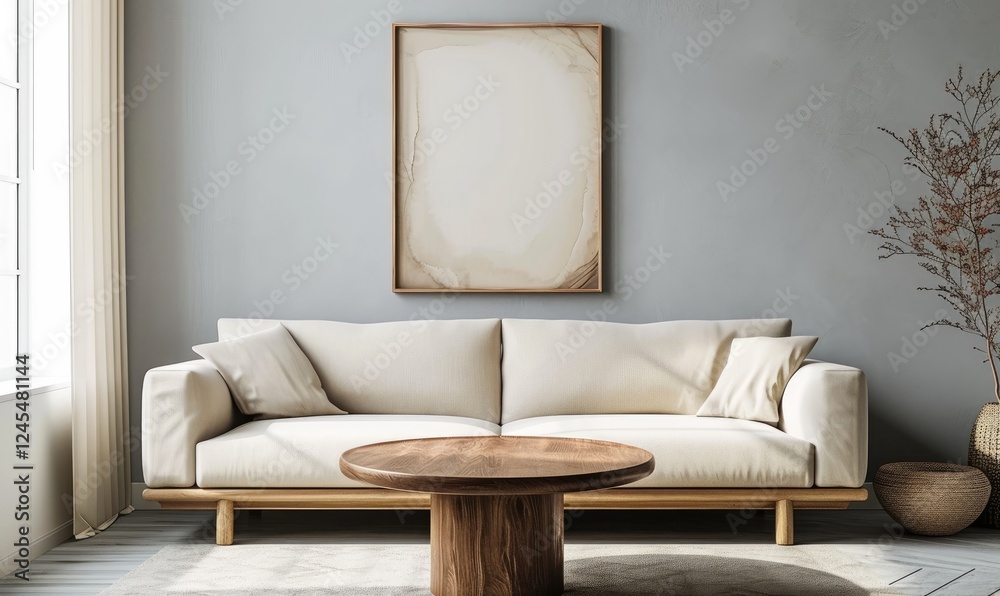 Comfortable living room with wood beige sofa and round trendy wooden coffee table, abstract artwork on beige wall background.