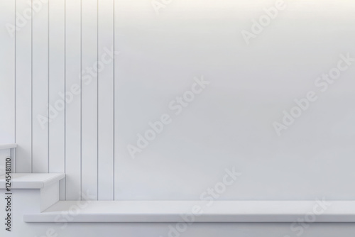 Minimalist interior design featuring a white wall and steps in a modern setting