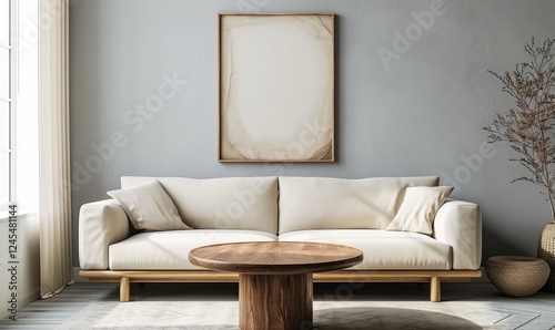 Comfortable living room with wood beige sofa and round trendy wooden coffee table, abstract artwork on beige wall background.