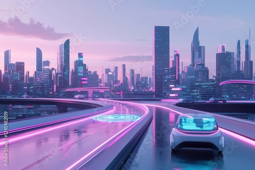Urban holographic directions for self-driving cars showcased in a cityscape.