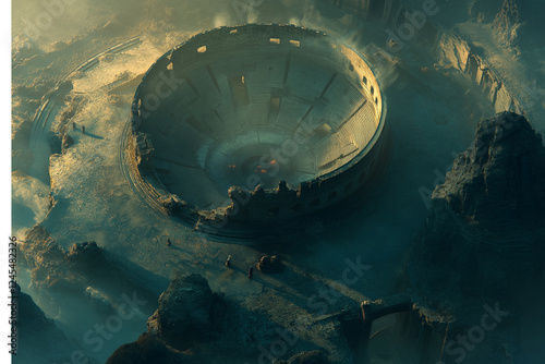 Ancient Arena: Sun-Drenched Ruins in a Desolate Landscape
