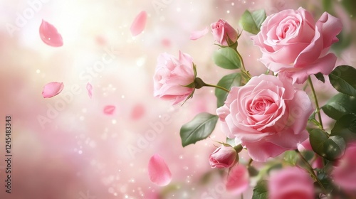 Beautiful pastel roses and petals falling on pink background
