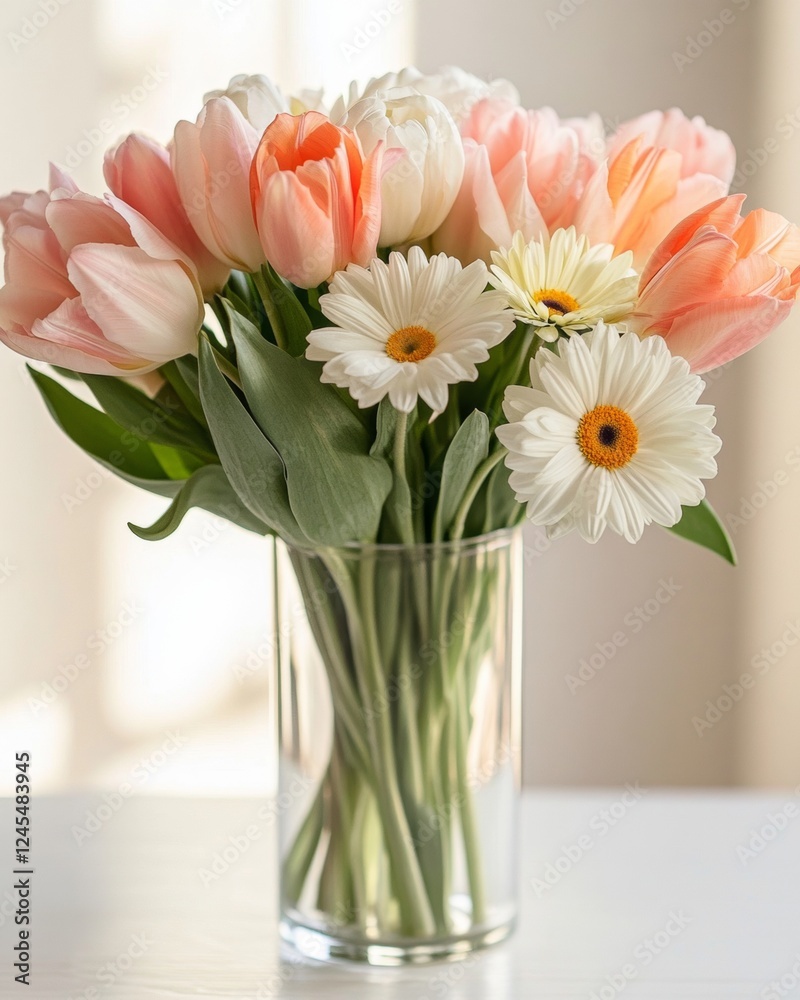 Pastel Floral Serenity Elegant Tulip and Daisy Bouquet in Glass Vase - Spring Home Decor and Sustainable Event Styling for Modern Living Spaces Pastel Floral Serenity Elegant Tulip and Daisy Bouquet in Glass Vase - Spring Home Decor and Sustainable Event Styling for Modern Living Spaces